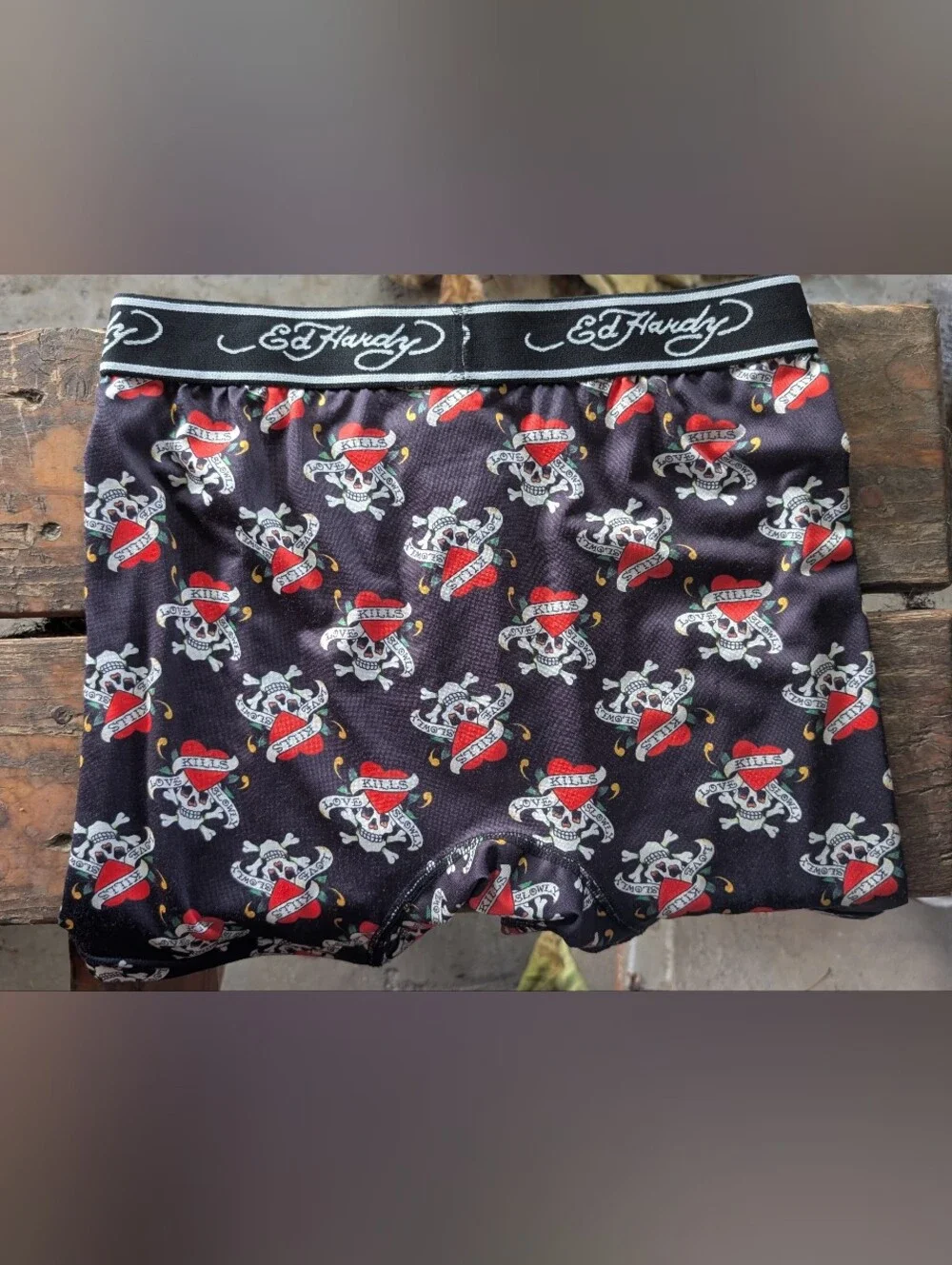 Ed Hardy Black Boxer Briefs with Red & White Skull Pattern